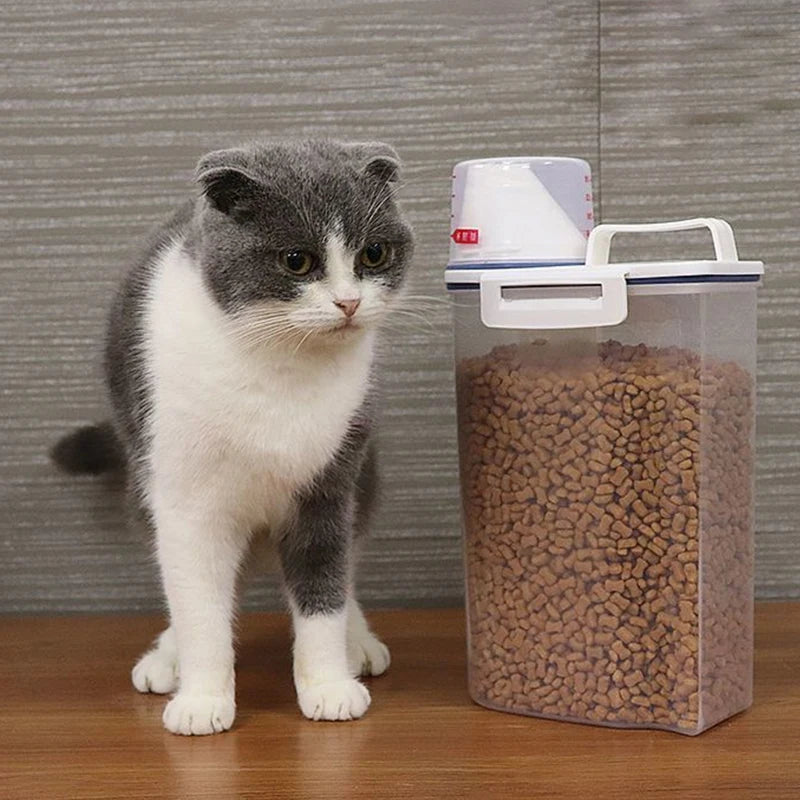 Cat standing next to a container of cat food on a wooden floor.