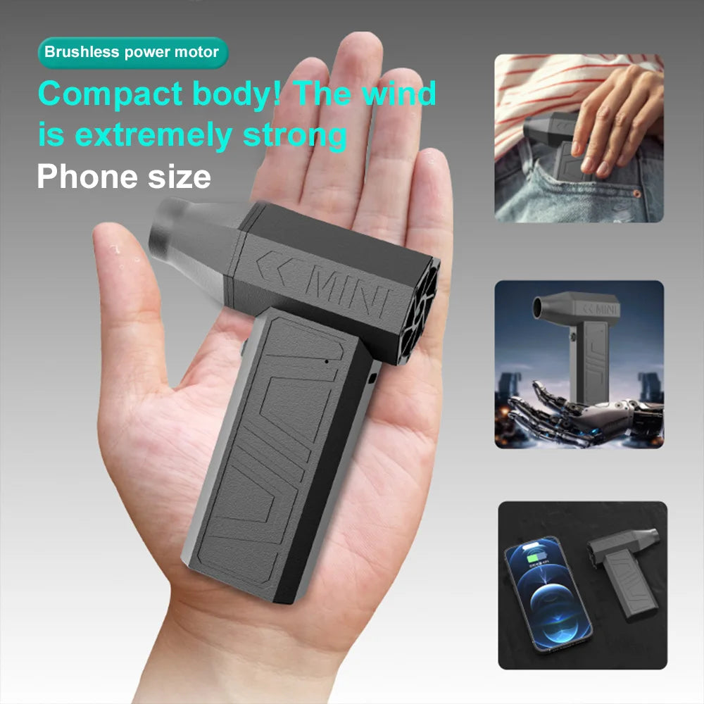 Hand holding a small brushless power motor with text highlighting its compact size and strong wind capabilities.