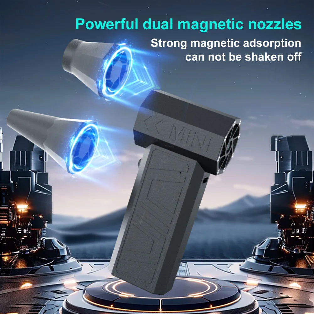 Futuristic mini turbo fan with dual magnetic nozzles on a sci-fi background