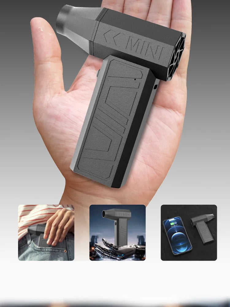 Hand holding a small gray mini turbo fan with 'MINI' branding, surrounded by additional images of the device in use.