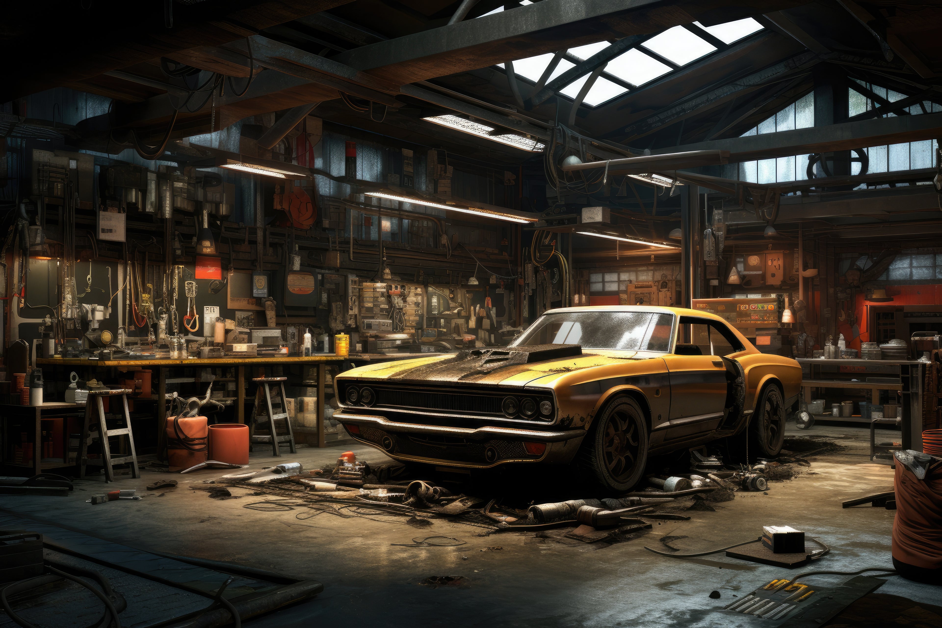 Vintage car in a workshop with tools and equipment around