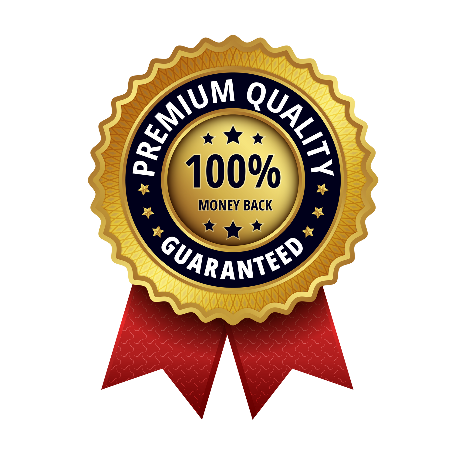 Gold and black badge with red ribbon stating 'Premium Quality, 100% Money Back Guaranteed' on a white background.