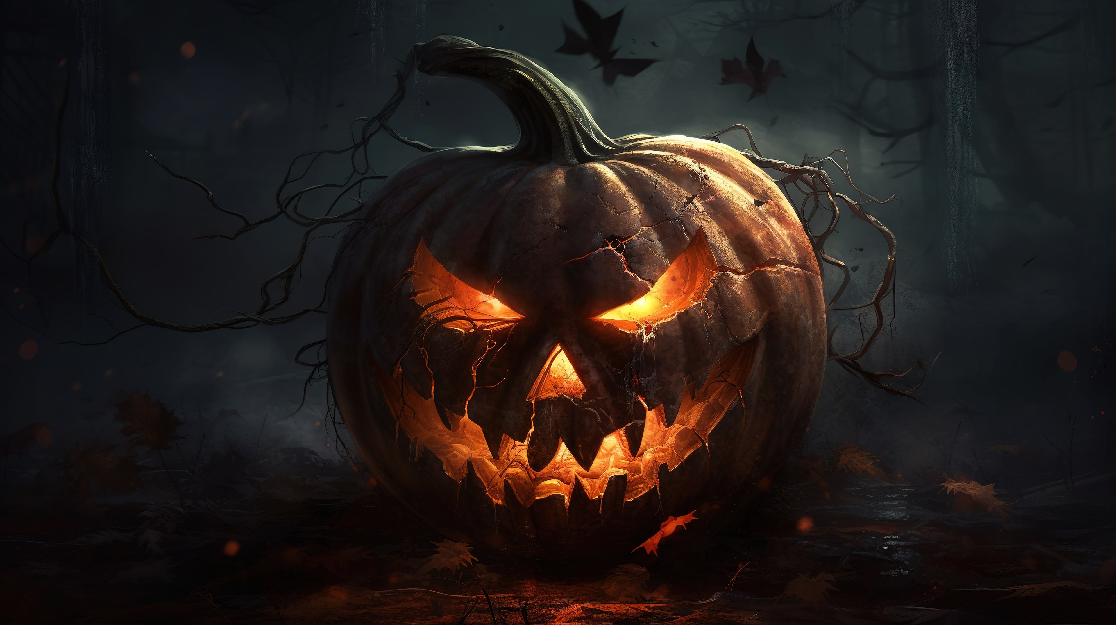 Carved pumpkin with glowing eyes on a dark background
