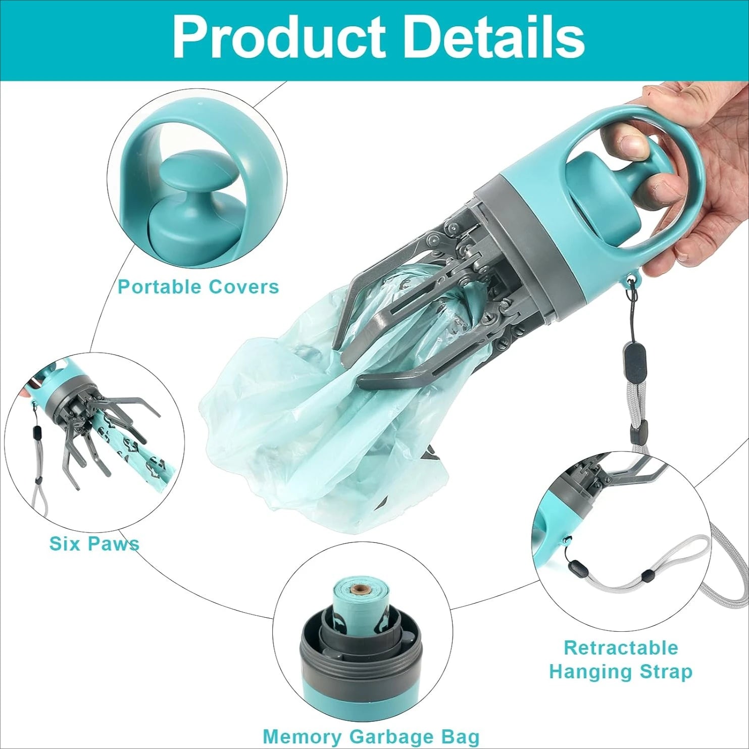Pet Dog Poop Scooper Set with features highlighted on a white background