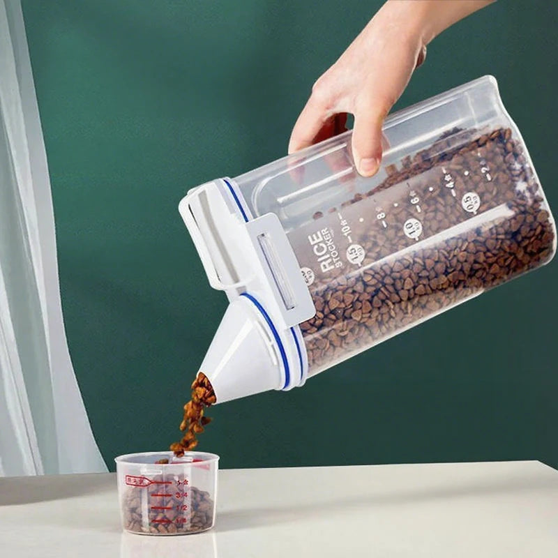 Hand pouring coffee beans from a transparent container labeled 'Rice & Coffee' onto a white surface.