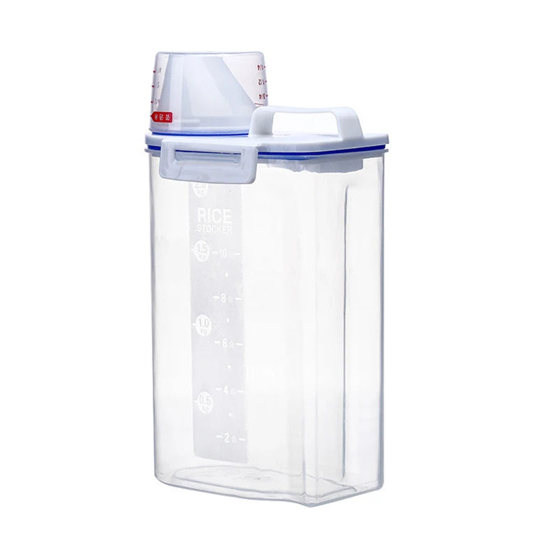 Clear plastic container with a white lid on a white background