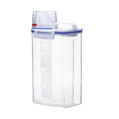 Clear plastic container with a white lid on a white background