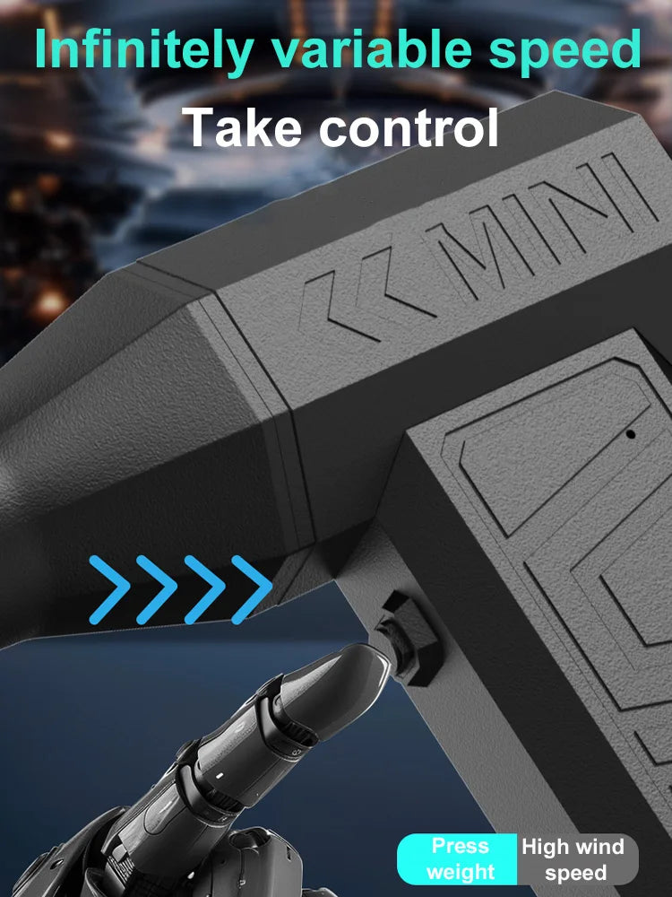 Close-up of a mini turbo fan with 'Mini' branding and text about infinitely variable speed control.