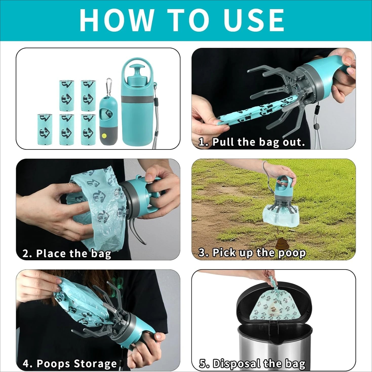 Step-by-step guide on how to use a Dog Poop Scooper Set with images and text instructions.