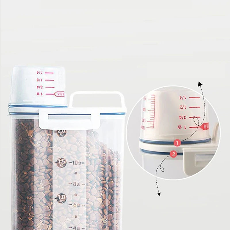 Measuring cup with clear container filled with spices on a white background