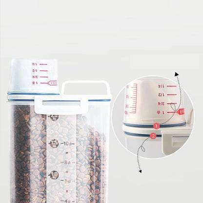 Measuring cup with clear container filled with spices on a white background