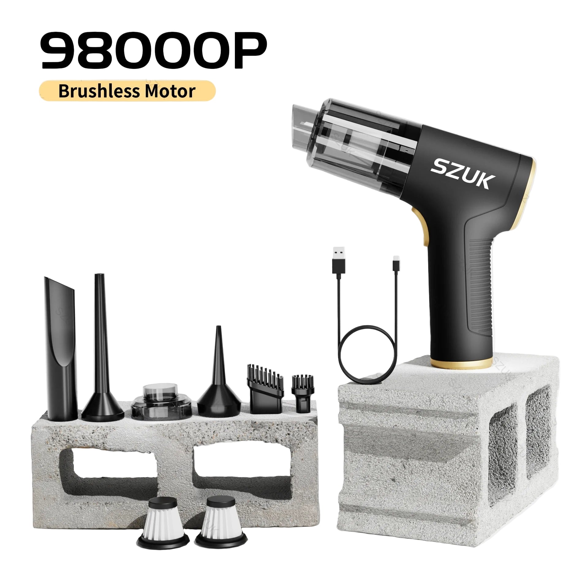 car mini vacuum cleaner with attachments on a concrete block against a white background