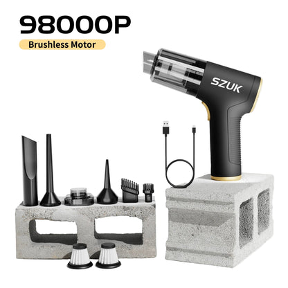 car mini vacuum cleaner with attachments on a concrete block against a white background
