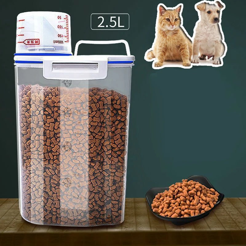 Pet food container with measured pet food, images of a cat and dog, and a bowl of pet food on a wooden surface.
