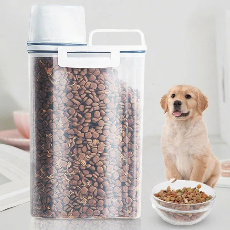 Dog food container with pet food and a smiling dog next to a bowl of food.