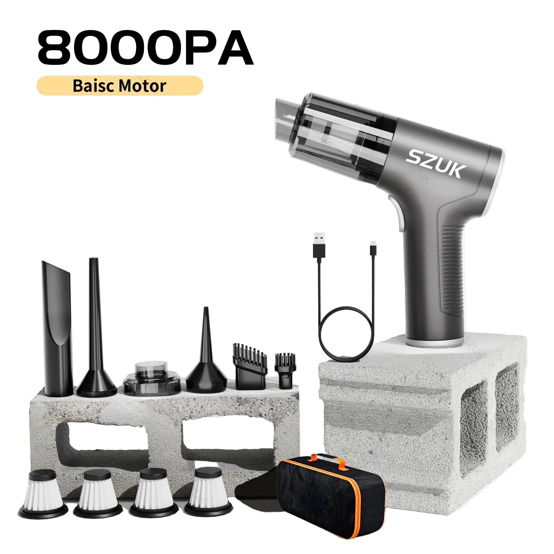 car mini vacuum cleaner set with various attachments on a light gray background